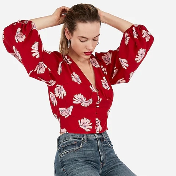 Express Tops - ❣Express Palm Deep V Button Front Long Sleeve Top